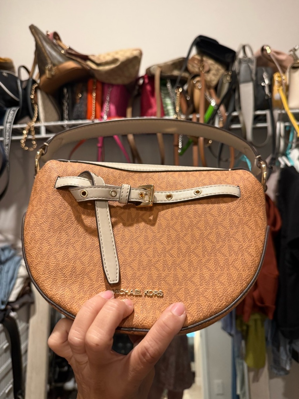 Michael Kors Brown Crescent Mini Shoulder Bag with Cream Trim